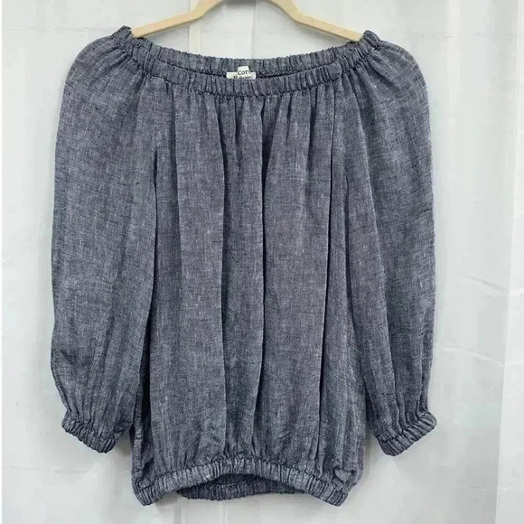 Haris Cotton (M) 100% Linen Blue Denim 3/4‎ Sleeve Elastic Scoop Neck Top - Picture 1 of 8